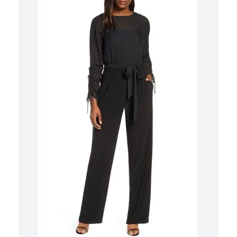 Julia Jordan Black Polka Dot Jumpsuit Sz 2 Long Sleeve‎ Tie Waist NWT